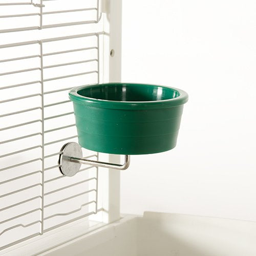 Small plastic cup with stainless hardware for bird food