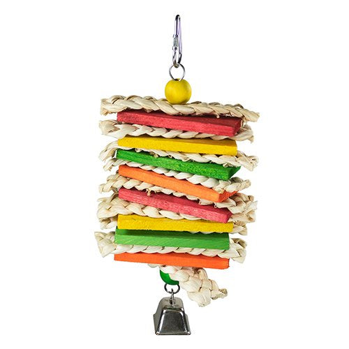 Corn Husk Sandwich hanging bird chew toy colorful wood, corn husk braid, and bell