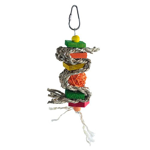 The Sea Grass Vine Ball hanging bird toy is a combination of colorful vine balls and woodblocks wrapped with woven sisal.
