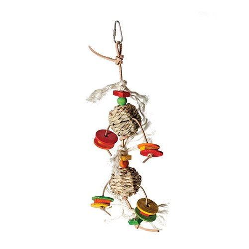 Double grass ball with leather bird cage toy
